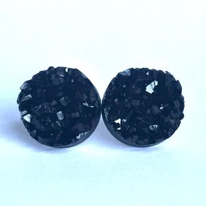 Druzy Large Black Round Stud Earrings